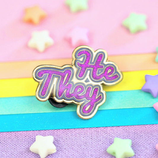 He/They Pin (Purple Glitter)