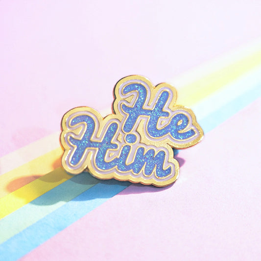 He/Him Pin (Light Blue Glitter)