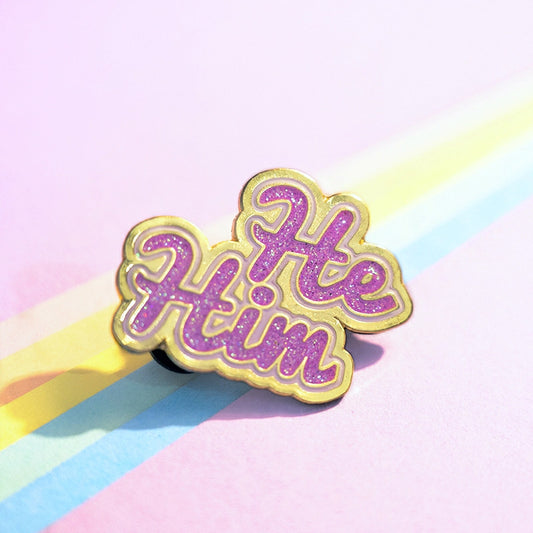 He/Him Pin (Purple Glitter)