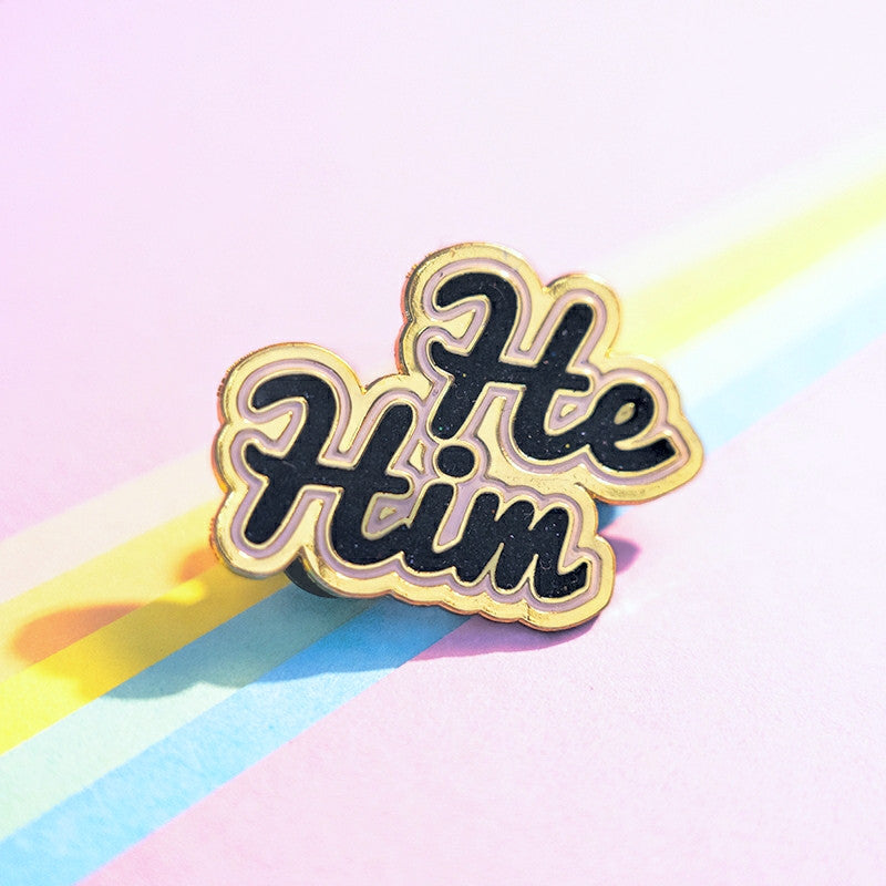 He/Him Pin (Black Glitter)