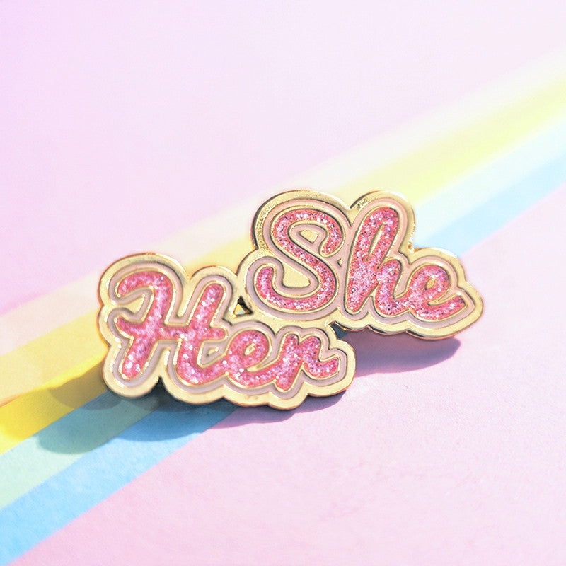 She/Her Pin (Hot Pink Glitter)