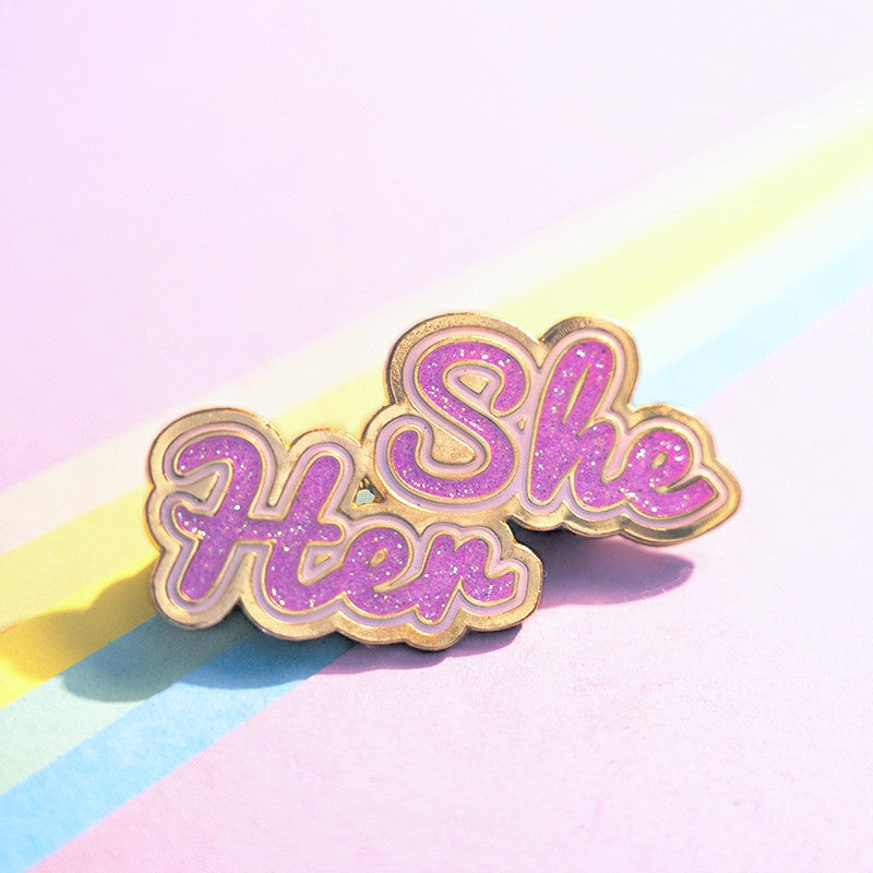 She/Her Pin (Purple glitter)