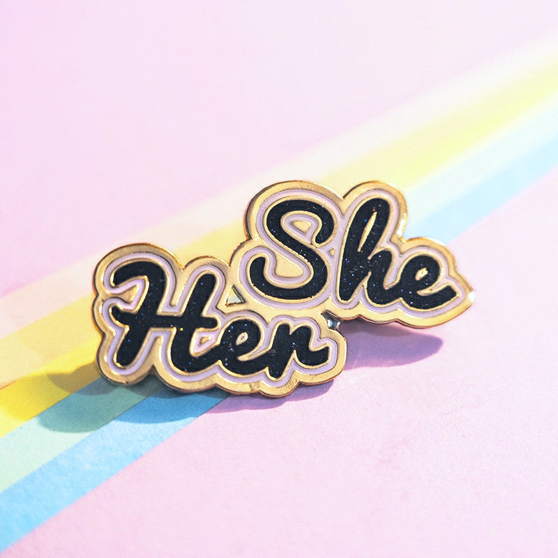 She/Her Pin (Black Glitter)