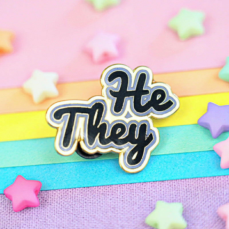 He/They Pin (Black Glitter)