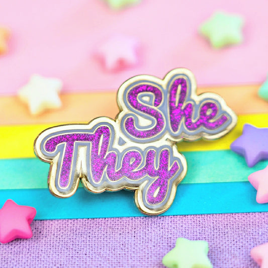 She/They Pin (Purple Glitter)
